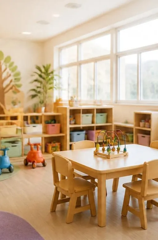 Sala de creche com mesas e brinquedos