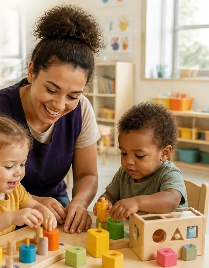 Educadora brincando com bebês numa creche