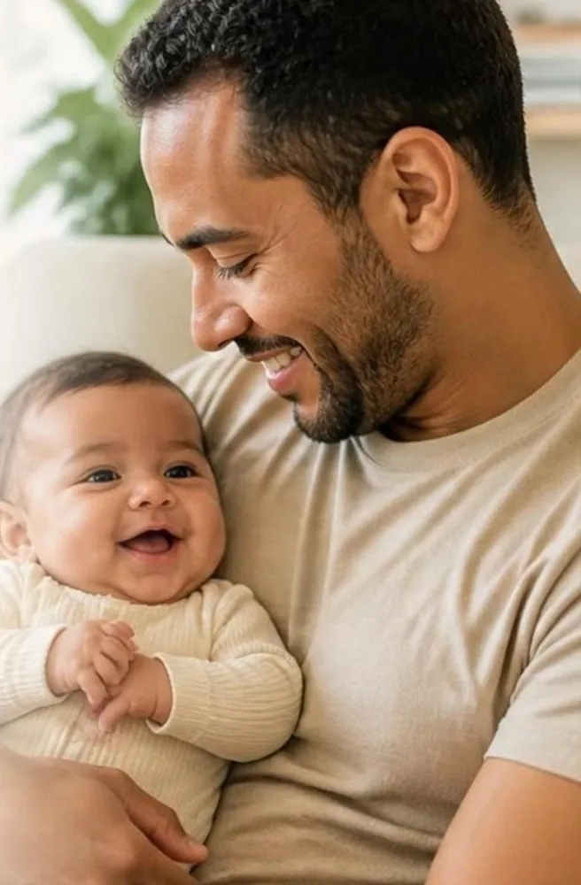 Pai sorrindo com o bebê no colo